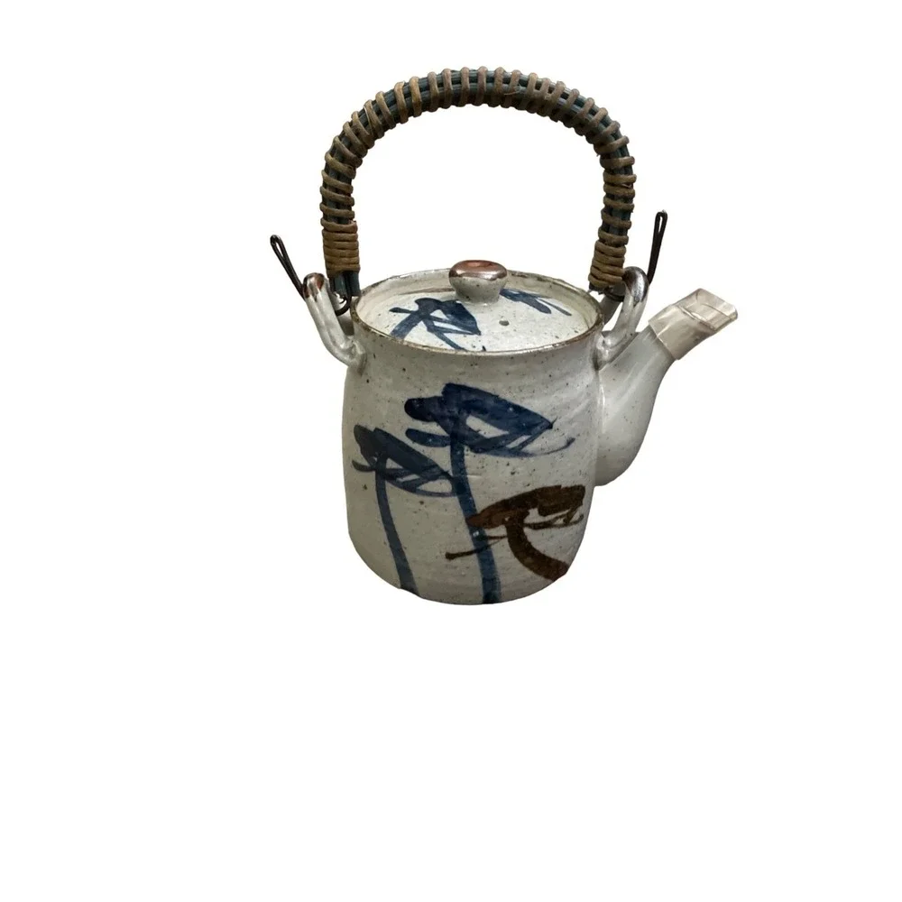 Vintage Ceramic Teapot Rattan Handle Japanese Inspired Blue Brown‎ Design